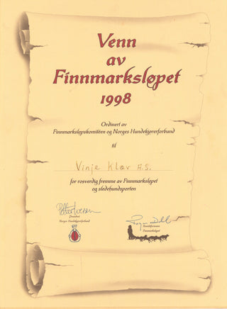 Diplom Venn av Finnmarksløpet 1998 til Vinje Klær